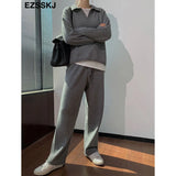 Pieces Set Women oversize Tracksuit polo collar Sweater Pullover straight pants Sweater Set CHIC Knitted Outwear sweater