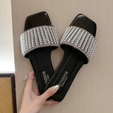 Slippers Summer Rhinestone White Flat Shoes Elegant Pearl External Wear 2021 Summer New Sandy Beach Sandals Women
