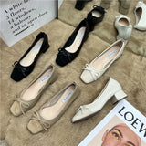 Tie Shallow Mouth Single Shoes Women's Thick Heels 2024 Spring And Autumn New Style Square Head Middle Heel Grandma Shoes High Heel Work