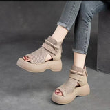 New Hollow Breathable Hole Shoes Thick Sole Genuine Leather Fish Mouth Hook & Loop Retro Comfortable Women