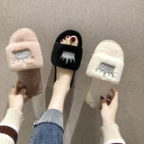 Breakj Winter New Korean Version Of The Crown Sequins One-Word Plush Warm Wool Slippers Flat Cotton Drag