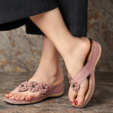 Breakj Summer Plus-Size Sandals Female Multi-Color Handmade Retro Flowers Flat Slope And Clip Toe