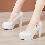 Catwalk High Heels Women's Cheongsam T Show White Size Waterproof Table Thick Heel Leather Round Head Single