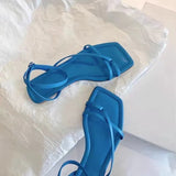 New Holiday Style Korean Square Head Cross Strap Roman Sandals Toe Blue Flat