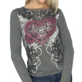 Fairy Grunge Heart Wings Print Top Graphic Tee Vintage Cyber Y2k Aesthetic Clothes Brown Long Sleeve T