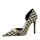 Breakj Korean Version Of High Heels Plaid Shallow Mouth Side Hollow Thousand Bird Case Pearl Metal Chain Super High Heel Single