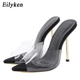 2023 New Summer PVC Transparent Women Slippers Pointed Toe Metal Stiletto High Heels Party Prom Sandals Dress Lady