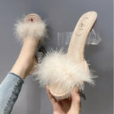 Table Hairy Sandals Women Wear 2023 New Crystal Heels With Thin Soles And Thick