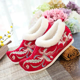 Flat Shoes Warm Winter Embroidered Chinese Ethnic Style Plus Velvet Female Cotton Shoes Pointed Toe 2021 Ladies
