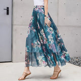 Skirts 2019 Summer Mesh Flower Print Elastic Waist Bohemian A-Line Sweet Chiffon Long Female Bottoms Ladies Casual