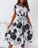 Fashion Print Party Dresses 2022 Summer Elegant Button-Up Lace-Up Dress Women Office Ladies Casual Short Sleeve High Waist