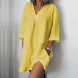 Plus size Pocket Half Sleeve Cotton Linen Dress Women 2019 Summer sexy V-neck split Mini Dresses Femme beach style Dress