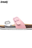 2023 New Summer Women Cork Slipper Casual Beach Double Buckle Non-slip Outside Nubuck Leather Slip on Slides