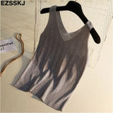 shiny Knitted Top Summer v-neck diamonds Tank top Women Slim Top Female bling sleeveless t-shirt Vest