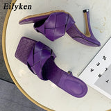 Summer New Design Weave Square Toe Heels High Quality PU Leather Slippers Gladiator Beach Womens Sandal Slides