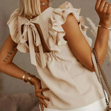 Fashion New Women Loose O Neck Ruffled Short Sleeves Tops Casual Solid Color Elegant Office Lady Slim Pullover