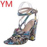Women Summer Sandals Snakeskin Cross Square Heel Open Toe Leather Heels Pumps Shoes Female Fashion Gladiator Ankle Strap
