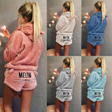 Fuzzy Hooded Sweatshirt with Ears Suit Women Letter Printed Coral Velvet Pajama Two Piece Set Cat Print Home