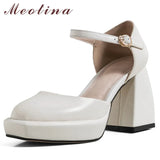 Platform High Heels Shoes Women Natural Genuine Leather Round Toe Buckle Pumps Thick Heel Laddies Footwear Spring