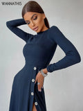 Knitwear Midi Dress For Women Sexy Button O Neck Elegant Long Sleeve Bodycon High Split Chic Fall Paty Maxi Robe