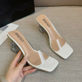 Breakj Slippers Women Summer Wear 2025 New Square Head Crystal Rough And Transparent Sexy High-Shoe Cold Slippers