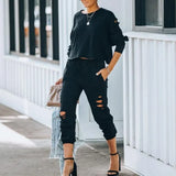 Autumn Winter Fashion Suit Women Hole Sport Two Set Casual Solid Color Long Sleeves Streetwear Irregular Elegant Party