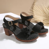 Breakj Large Size High Heel Sandals Large Flower Decoration With A Buckle Thick Heel