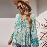 Bohemian Floral Print Blouse Women Bow Tie V Neck Retro Shirt Female Loose Casual Long Sleeve Tunic Tops 2021