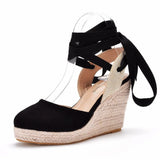 Breakj Round Head Water Table Slope Sandals Roman Strap High Heel Sandals Hollow Summer Grass Table Sandals