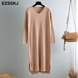 autumn winter sweater long dress elegant knit thick straight dress women loose split side dress casual chic