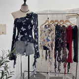 Tie Dyed Elastic Mesh Oblique Shoulder Irregular Horn Long-Sleeved T-Shirt Flower Short Floated Female