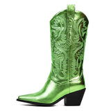 Women Western Boots Fashion Metallic Girls Med Calf Knee Boots Silver Bling Emboridery Punk Cowboy Cowgirls Shoes Vintage