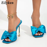 2022 New Arrival Silk Butterfly-knot high heels Women Slippers Sandals Square toe Mule Slippers Slides Party