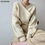 Fashion V-neck Cross Women's Sweater Jumpers Streetwear Loose Knitwear Autumn Winter Solid Female Knitted