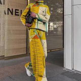 Ladies Long Sleeve Vintage Printed Outfits Fall Winter Women Two Piece Sets Elegant Turtleneck Pullover Top+Wide Leg Pants