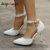 Lace Flowers Women Wedding Shoes Wristband Bride Shoes One Word Buckle Thin Heels Ladies High Heels wedding shoes