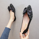 Spring Lace Bowknot Flats Women Glitter Crystal&Beads Ballets Shoes Ladies Pointed Toe Loafers Dress Slip On Moccasins