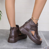 New Hollow Breathable Hole Shoes Thick Sole Genuine Leather Fish Mouth Hook & Loop Retro Comfortable Women