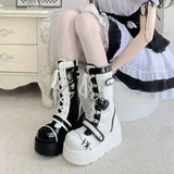 Women Lolita Cross Belt Buckle Round Toe Gothic Punk Ankle Boots Shoes Platform Wedge High Heel Creepers Japanese