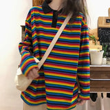Spring Fall Oversize Women Tshirts Long Candy Streetwear Casual Striped T-shirt Harajuku Patchwork Tops Long sleeve