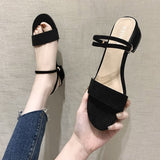 2021 Women Sandals Chunky Heels Brand Slides Summer Flock Flip Flops Narrow Band Sandal Elegant Mule Shoes Women Slipper Big