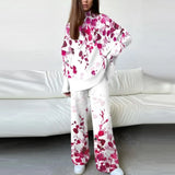 Lady Winter Knit 2pc Sets Fashion Gradient Print Turtleneck Pullover Top + Wide Leg Pant Suit Women Popular Casual Home