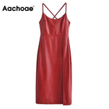 Women Sexy Spaghetti Strap Side Split Long Dresses Red Color Pu Faux Leather Midi Dresses Female Club Party A Line