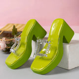 Breakj Female Spring And Summer New Fashion Sequins One-Word Drag Drill Half Slipper Thick Bottom High-Heeled Shoes