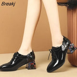 Snake pattern patent leather shoes women flats pointed toe loafers lace up multicolor crystal chunky heels oxfords