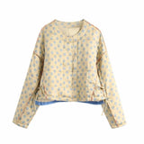 Chic Floral Print Side Bow Tie Quilted Coats Women Fashion O-Neck Button-up Cropped Jacket Casual Female