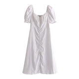 Summer Solid Color Elegant A Line Dress Women Puff Short Sleeve Midi Female Square Collar Sundress Vestidos