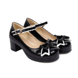 EDEELVEEYS Bow Mary Janes Patent Leather Block Med Heel Pumps for Women Rockabilly Shoes Lolita Fashion Vintages Maid