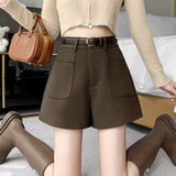 Coffee Color Woolen Shorts Female Autumn Winter 2024 New High Waist Show Thin A-Word Wide Leg Pants Versatile Wear Boots