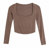 Women Square Collar Knitting Short T Shirt Casual Femme O Neck Long Sleeve Crop Tops